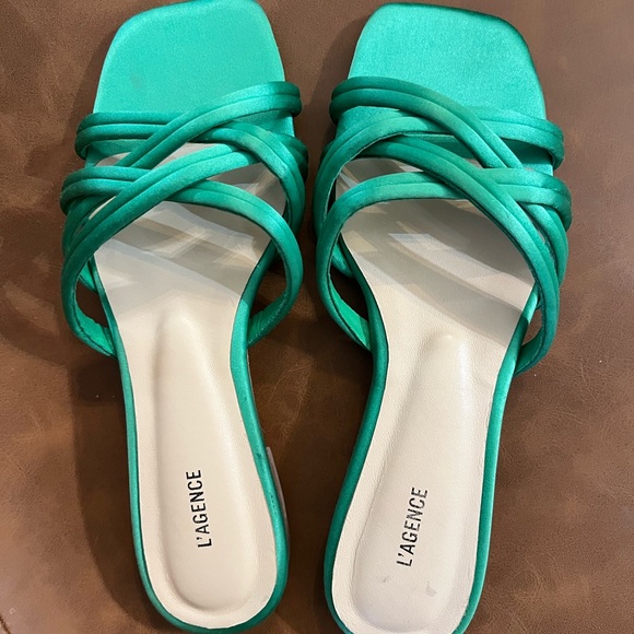 L'AGENCE Abelle Slide Sandal In Green Satin - Picture 1 of 4